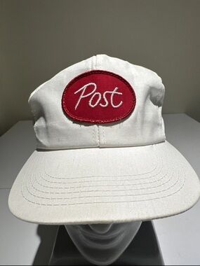 Post Logo White Cotton Baseball Cap with Red Patch